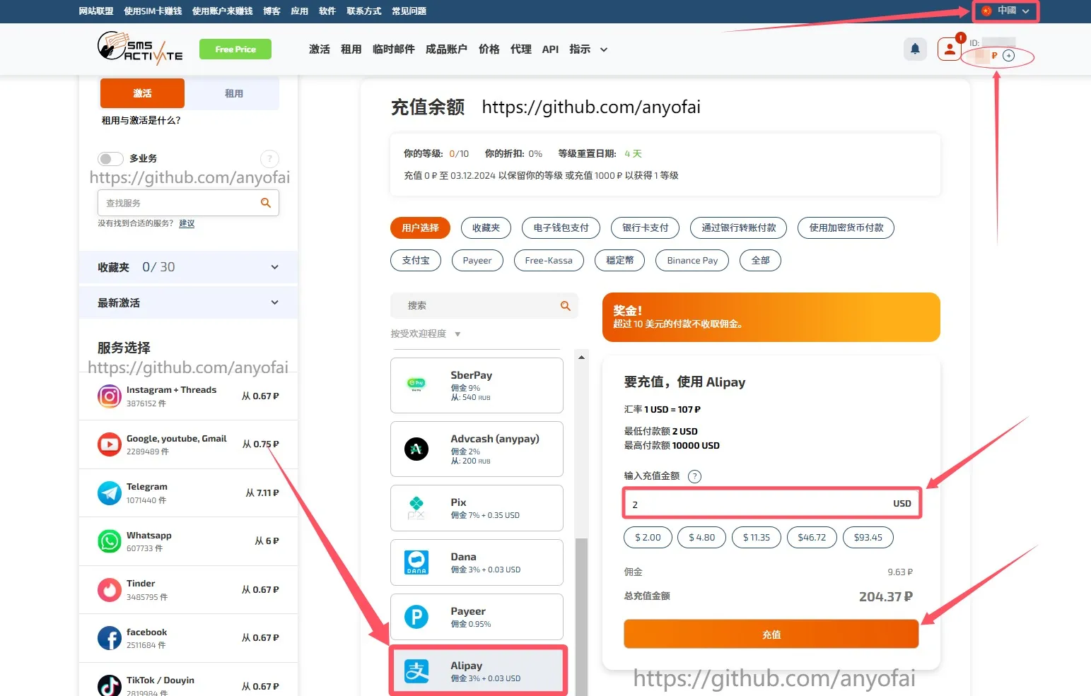 Sms-activate 界面