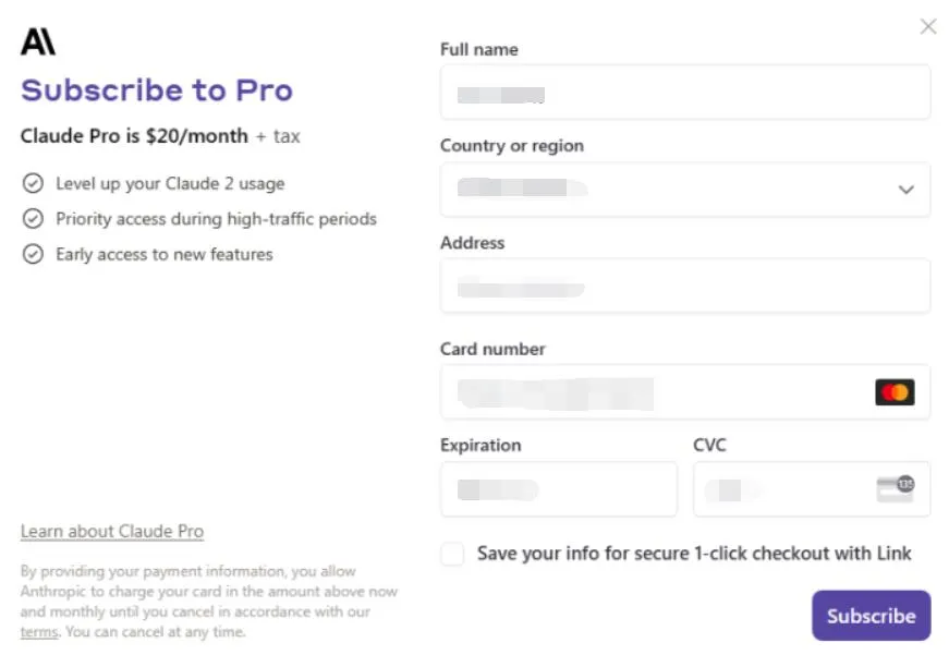 Claude Pro 订阅界面